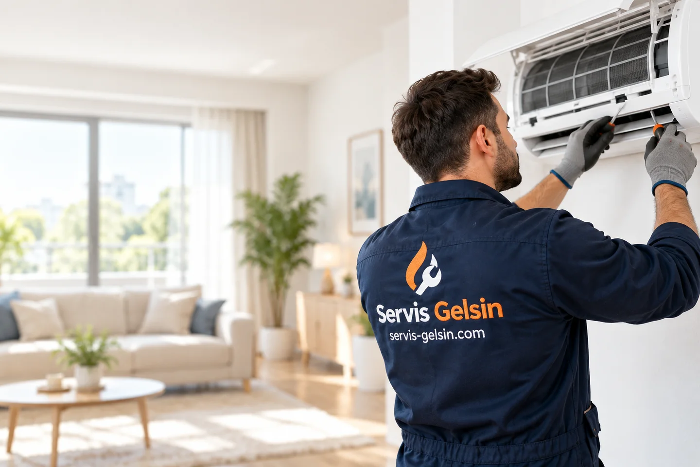 Lacivert iş kıyafetli teknisyen duvar tipi klimayı kontrol ediyor
